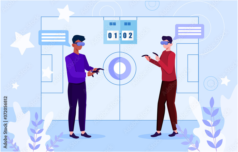 Vector illustration concept of virtual reality sport. Men playing virtual game with joysticks and wearing VR glasses Vector illustration concept of virtual reality sport. Men playing virtual game with joysticks and wearing VR glasses