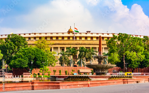 The Sansad Bhawan or Parliament Building is the house of the Parliament of India, New Delhi.  It was designed based on  Ashoka Chakra by the British architect Edwin Lutyens & Herbert Baker in 1912-13. photo