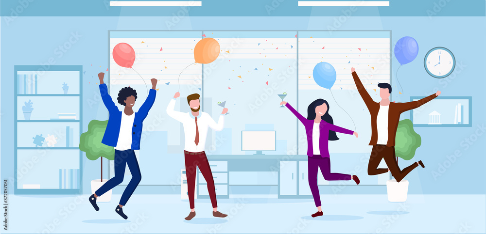 Vector illustration of office party. Coworkers celebrating and have fun on corporate in office Vector illustration of office party. Coworkers celebrating and have fun on corporate in office