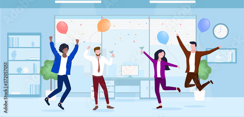 Vector illustration of office party. Coworkers celebrating and have fun on corporate in office