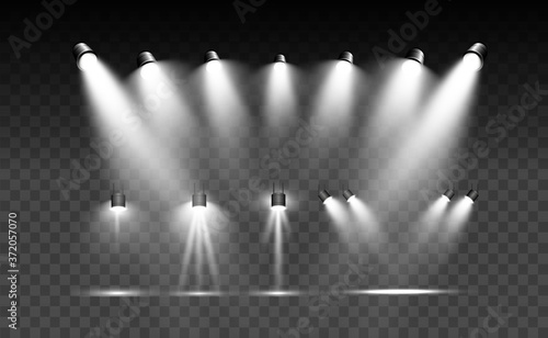 Searchlight collection for stage lighting, light transparent effects. Bright beautiful lighting with spotlights.