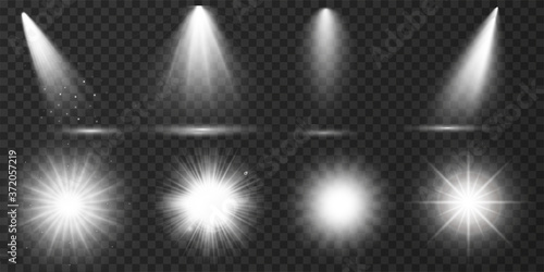 Set of Transparent Lens Flares and Lighting Effects. White spotlights. Glowing explosion, bright shining effect. Light Effects. Realistic falling snowflakes. Vector illustration