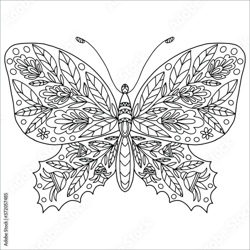 butterfly drawn with flowers and leaves in folk style on a white background for coloring  vector