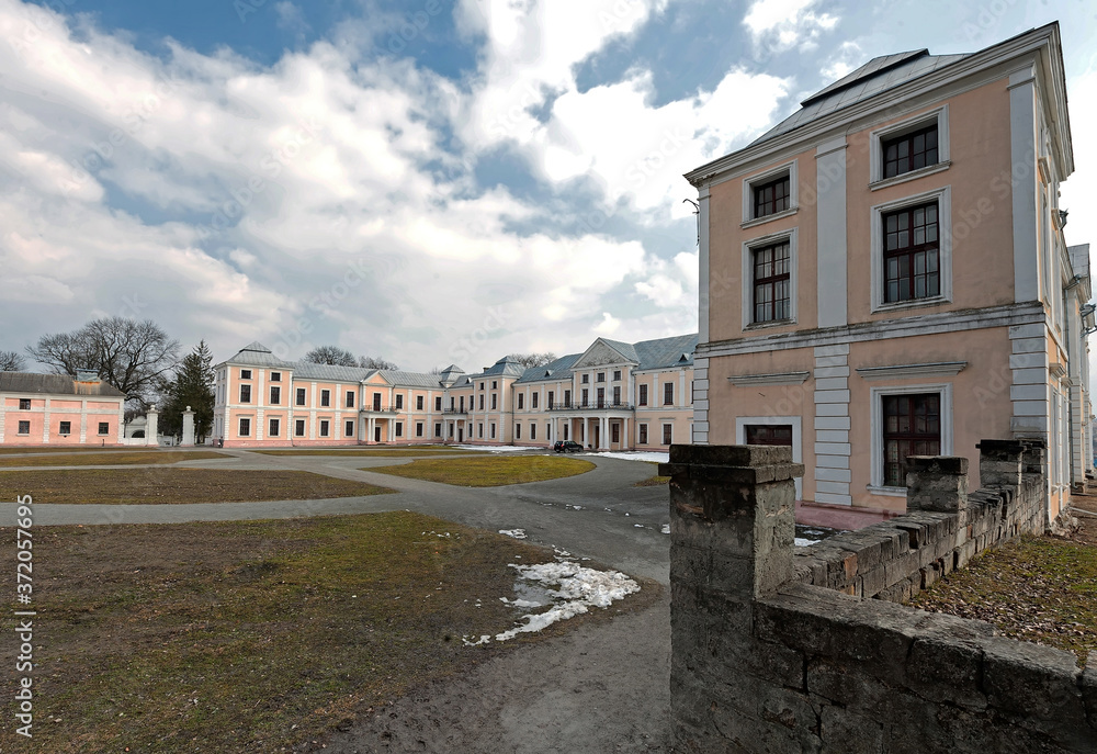 Vyshnivets Palace (XVIII) side view in Vyshnivets village in Ukraine