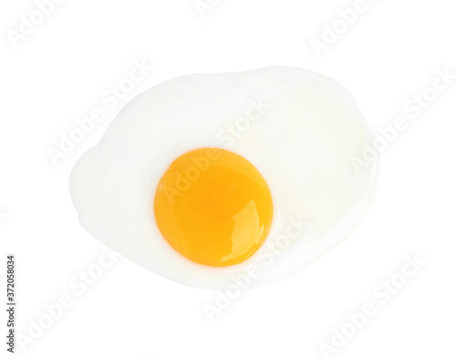 Tasty fried chicken egg isolated on white, top view