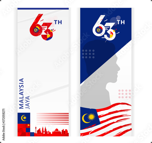 Happy malaysia independence day 63th simple logo type text, postage or postcard with flag national background vector illustration symbol