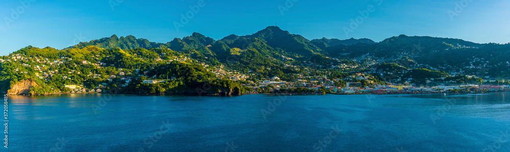 A panorama view of Kingstown, Saint Vincent in the early morning light