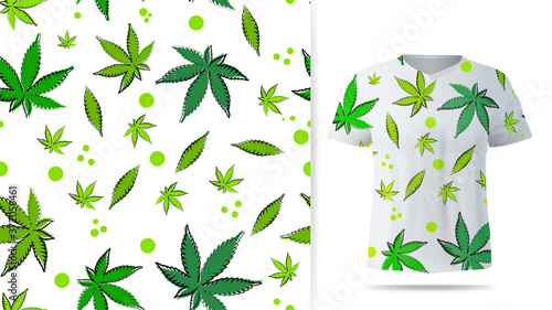 Light seamless pattern with cannabis leaves and abstract spots. Pattern design for printing on t shirt. Visualization of t shirt design