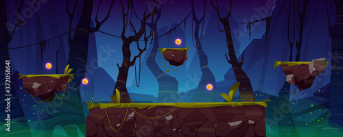 Game level background with platforms and items. Vector cartoon landscape of night jungle with green grass and trees for gui interface of arcade, computer animation, mobile or console game