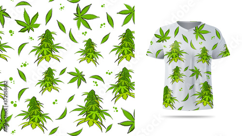 Light seamless pattern with flowers and leaves of cannabis. Eco pattern ready to print in cartoon style. Pattern design for printing on t shirt. Visualization of t shirt design