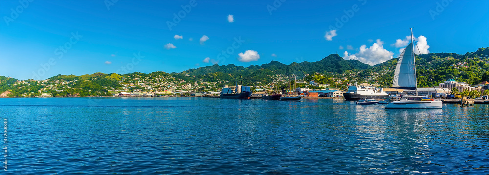 A panorama view across the seafront of Kingstown, Saint Vincent in the early morning light