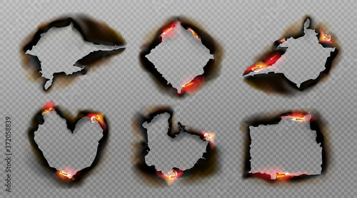 Burnt holes in paper with fire and black ash. Vector realistic set of different shapes frames from scorched and smoldering paper sheets with torn edges isolated on transparent background