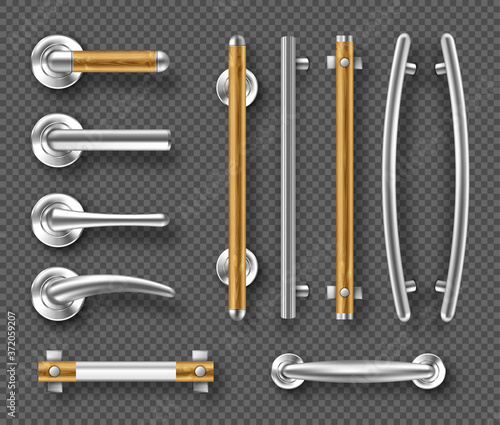 Handles for doors or windows, metal and wooden architectural details, modern interior design accessories. Steel and wood furniture holders with rods and locks. Realistic 3d vector isolated icons set