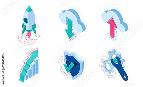 Isometric icons rocket take off, cloud download or upload data, grow arrow column chart, shield with check mark and wrench with gears. Infographics elements for web site design, 3d vector isolated set