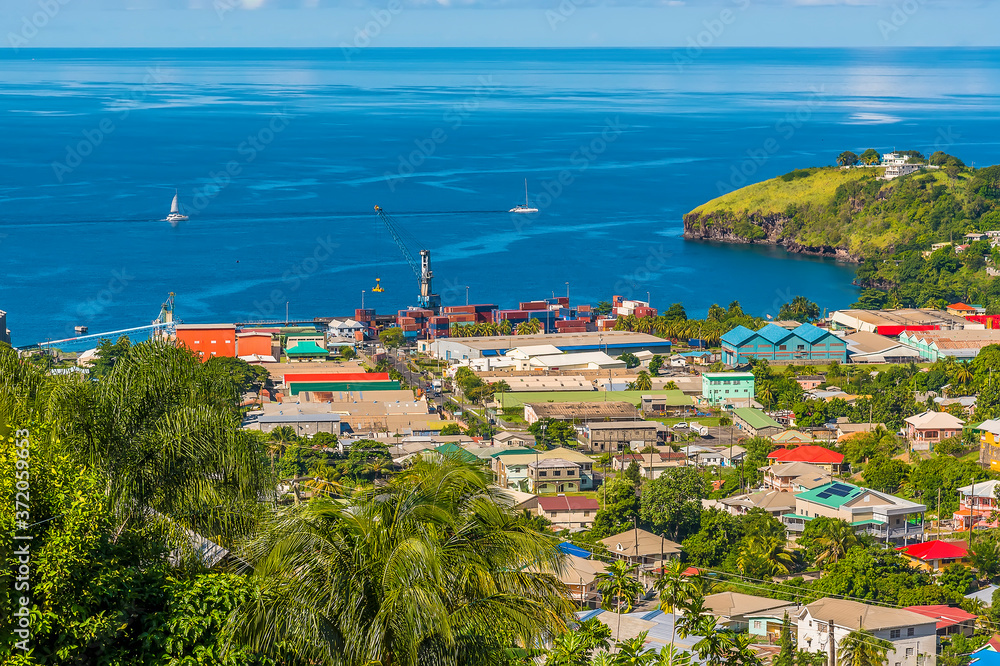 A view looking down on Kingstown and the harbour in Saint Vincent