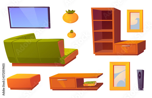 Living room interior set with corner sofa, bookshelves and tv. Vector cartoon furniture collection for house, pouf, mirror frame and rear view of green couch isolated on white background
