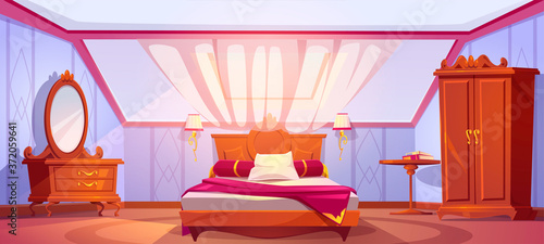 Attic bedroom or guest room interior with uncovered bed, wardrobe, dressing table, mirror and curtained window. Cozy loft hotel apartment, mansard floor with sloping roof cartoon vector illustration