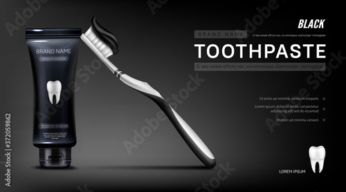 Black toothpaste ads banner with brush, healthy tooth and plastic tube. Brand promotional poster with dental care product, night repair mouthwash. Advertising promo realistic 3d vector background