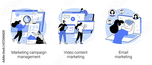 Campaign tracking and analysis abstract concept vector illustration set. Marketing campaign management, video content, email marketing, social media metrics, audience engagement abstract metaphor.