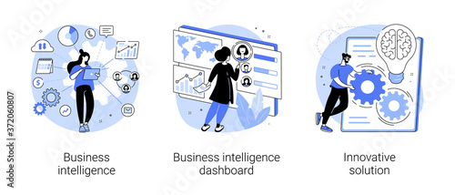 Performance tools and software solutions abstract concept vector illustration set. Business intelligence, intelligence dashboard, innovative solution, data analysis, KPI metrics abstract metaphor.