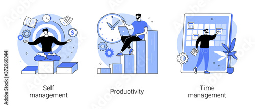 Employee performance and self-organization abstract concept vector illustration set. Self and time management, productivity, motivation software, effective job planning, control abstract metaphor.
