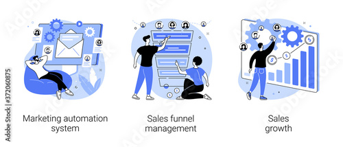 Marketing software abstract concept vector illustration set. Marketing automation system, sales funnel management, sales growth, crm system, lead conversion, client database abstract metaphor.