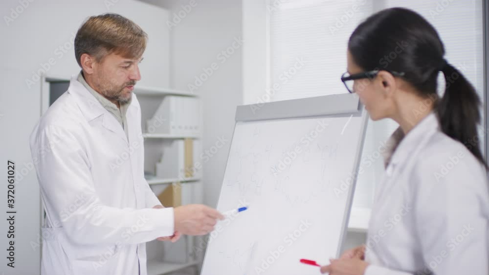 Medium shot of female and male biomedical scientists in lab coats pointing at chemical formulas written on whiteboard and discussing it Medium shot of female and male biomedical scientists in lab coats pointing at chemical formulas written on whiteboard and discussing it
