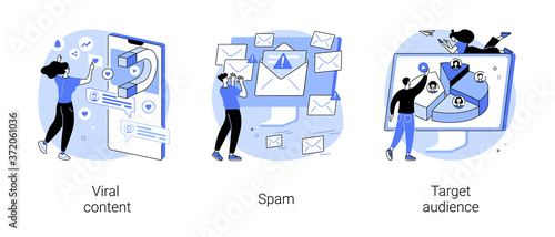 Social media marketing strategy abstract concept vector illustration set. Viral content, spam, target audience, internet meme, mail filter, web security, sharing post, campaign abstract metaphor.
