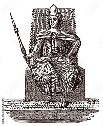 Montezuma II, historic Aztec ruler of Tenochtitlan sitting on throne and holding spear. Illustration after antique engraving photo