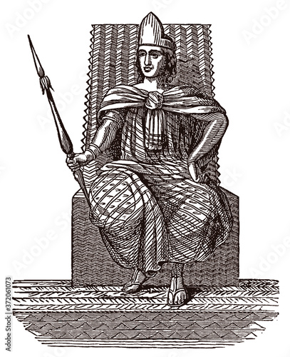 Montezuma II, historic Aztec ruler of Tenochtitlan sitting on throne and holding spear. Illustration after antique engraving