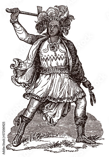 Tecumseh, historic Shawnee chief in full body view, swinging tomahawk, after antique engraving