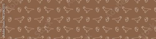 Seamless background Carnotaurus dinosaur with track gender neutral baby border pattern. Simple whimsical minimal earthy 2 tone color. Kids nursery decor edging fashion ribbon trim.