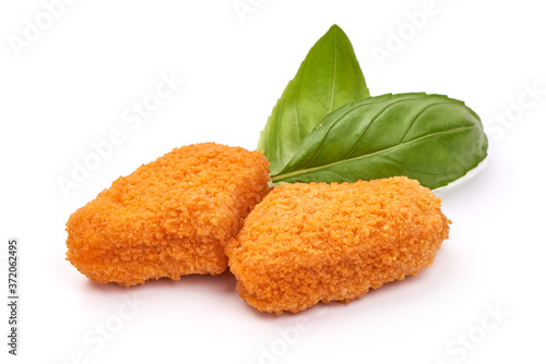Crispy chicken nuggets, isolated on white background