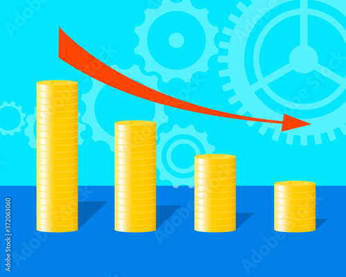 The concept of reducing costs, investment expenses, financial crisis. Vector illustration of coins with down arrow.