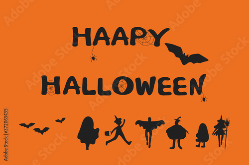 Happy Halloween. Banner with text. Silhouette of children in Halloween costumes.