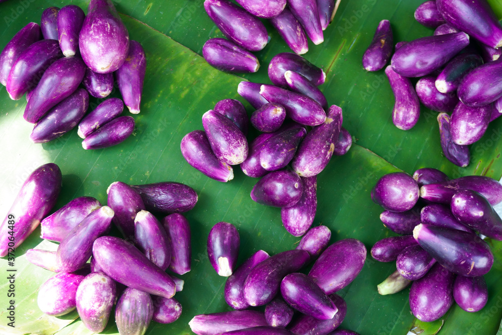Fototapeta premium A Pile ripe eggplant purple ready for sale at maket