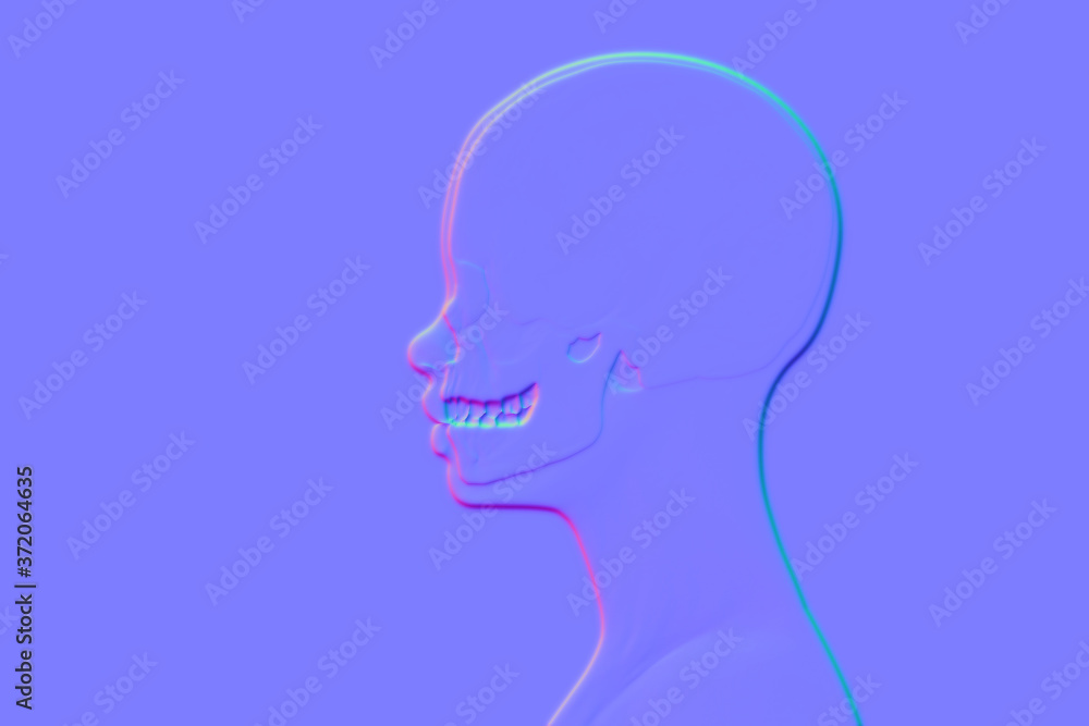 view of the skull in the human head, female head scan in profile, normal map. Computer generated image