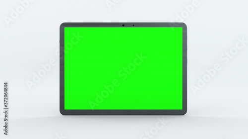 Demonstration of a tablet with green screen, computer generated. Touchscreen device, 3d rendering. Computer generated modern backdrop.