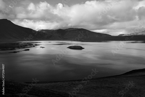 Frostastadavatn lake in South Iceland. Beautiful nature landscape. Black and white toned photo