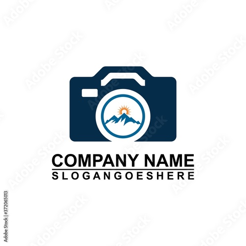 Logo photo camera and mountain, digital version nature creative symbol concept. Logo Outdoor adventure and logo Mountain tourism, hiking