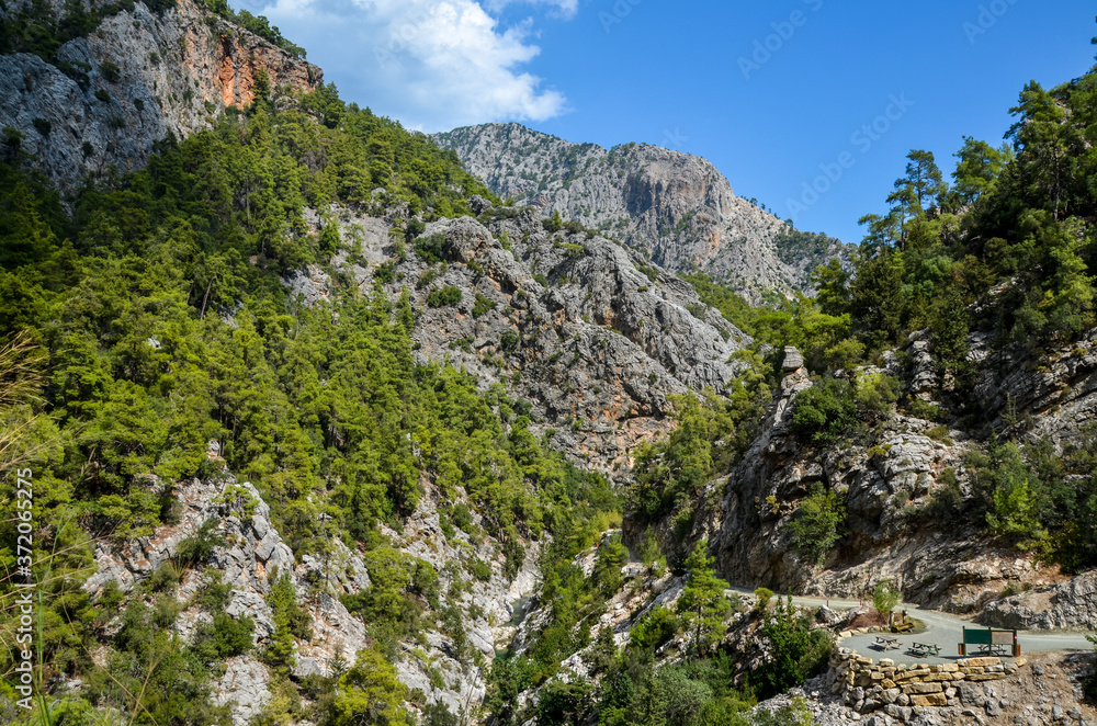 Scene with mountain rocks in Goynuk Canyon in Turkey. Famous Lycian way Trekking