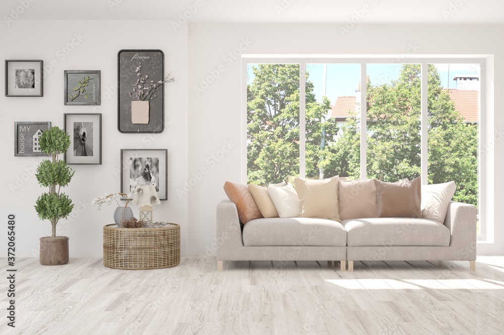White living room with sofa and summer landscape in window. Scandinavian interior design. 3D illustration White living room with sofa and summer landscape in window. Scandinavian interior design. 3D illustration