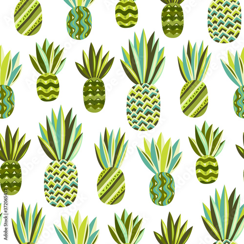 Pineapples seamless. Jungle wallpaper. Tropical fruit. Brazil tropical pattern.Fabric background, texture. Summer tropical leaf. Fresh fruit.
