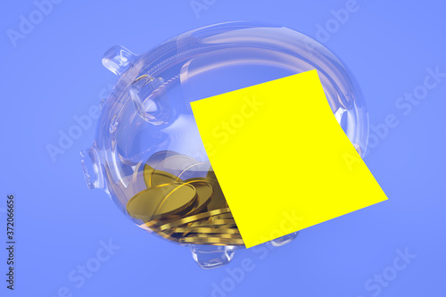 Gold coins inside a transparent piggy bank with a blank yellow sticker  3D render  mockup