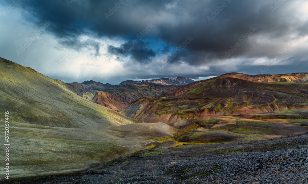 Fototapeta premium Colorful mountains at Landmannalaugar in Fjallabak natural reserve, South Iceland. Beautiful nature landscape panorama