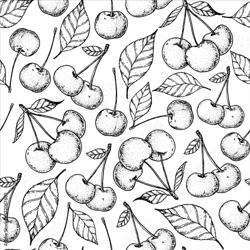 Seamless pattern with cherries, cherry leaves. Hand drawn sketch. Black and white style illustration. Vector illustration.