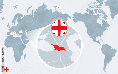 Pacific Centered World map with magnified Georgia. Flag and map of Georgia.