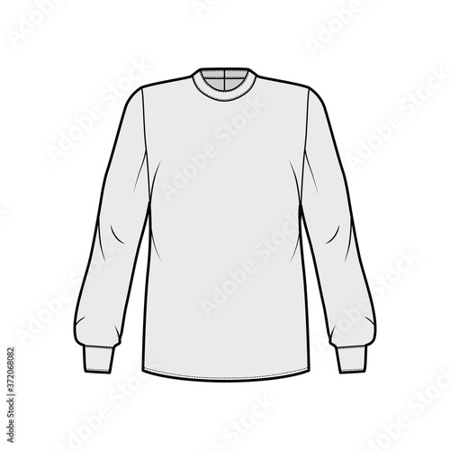 Blouse technical fashion illustration with banded collar, long sleeves with cuff, oversized body, back zip fastening. Flat apparel top template front, grey color. Women men unisex shirt CAD mockup © Vectoressa