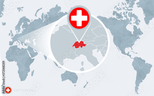 Pacific Centered World map with magnified Switzerland. Flag and map of Switzerland.