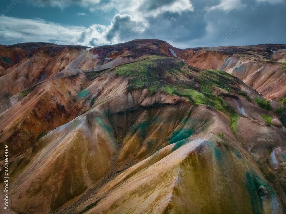 Colorful mountains at Landmannalaugar in Fjallabak natural reserve, Iceland. Beautiful nature landscape, aerial drone view from above